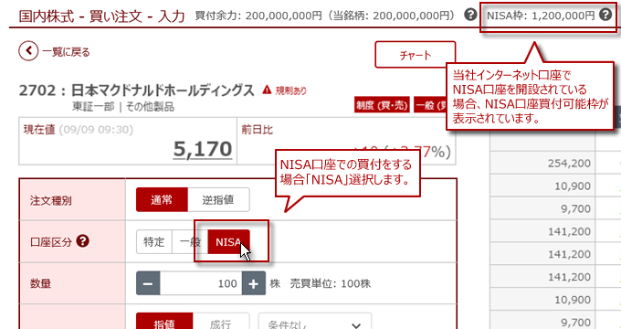 NISA口座 買い注文の入力