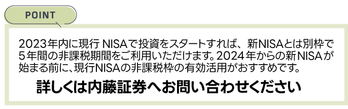 2023年内に現行NISAで投資をスタートすれば、新NISAとは別枠で非課税期間の終了まで運用が継続できます。2024年からの新NISAが始まる前に、現行NISAの非課税枠の有効活用がおすすめです。詳しくは内藤証券へお問い合わせください