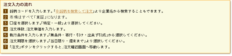 【注文入力の流れ】1)銘柄コードを入力します。「※銘柄を検索して注文」より企業名から検索することもできます。2)市場を選択します。[東証、大証、JASDAQ」より選択してください。3)口座を選択します。「特定・一般」より選択してください。4)注文株数、注文単価を入力します。5)執行条件を入力します。「無条件・寄付・引け・出来ず引成」から選択してください。6)注文期限を選択します。「当日限り・週末まで」より選択してください。7)「注文」ボタンをクリックすると、注文確認画面へ移動します。
