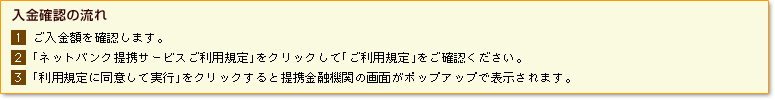 【入金確認の流れ】1)ご入金額を確認します。2)「ネットバンク提携サービスご利用規定」をクリックして「ご利用規定」をご確認ください。3)「利用規定に同意して実行」をクリックすると提携金融機関の画面がポップアップで表示されます。